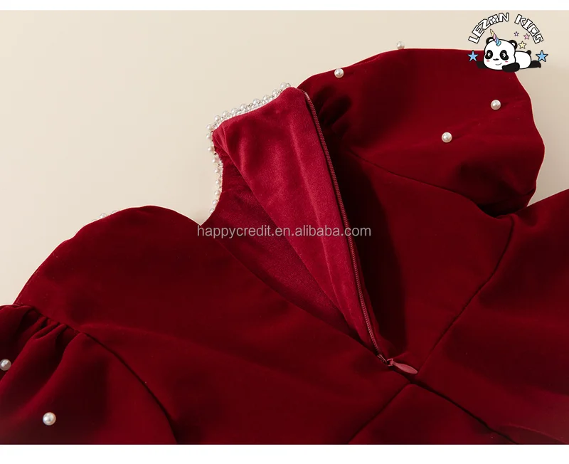 LEZONKIDS - Customizable Wholesale Custom Fleece  Puff Sleeve Beads Red Girls Party Dress for Spring